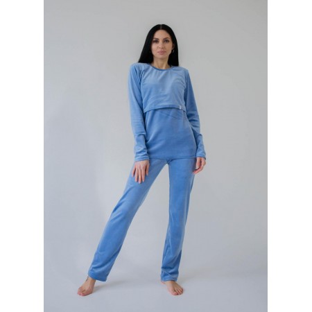 Пижама беременным и мамочкам из плюшевого велюра для дома и сна с секретом для кормления Синяя 2